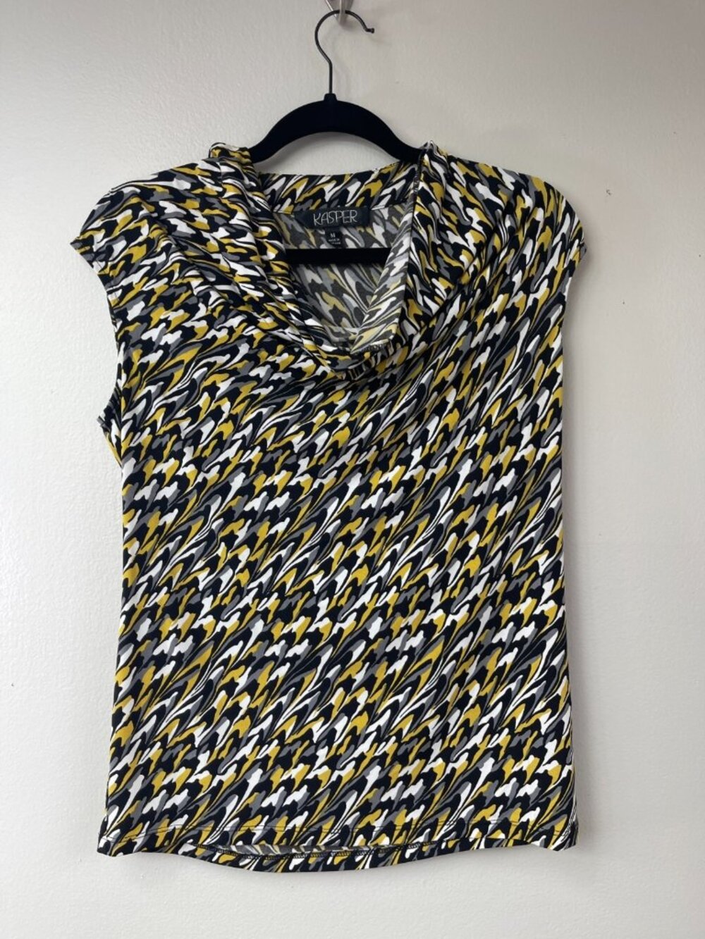 Kasper Cowl Neck Blouse Top Medium Black Yellow Abstract Career Stretch